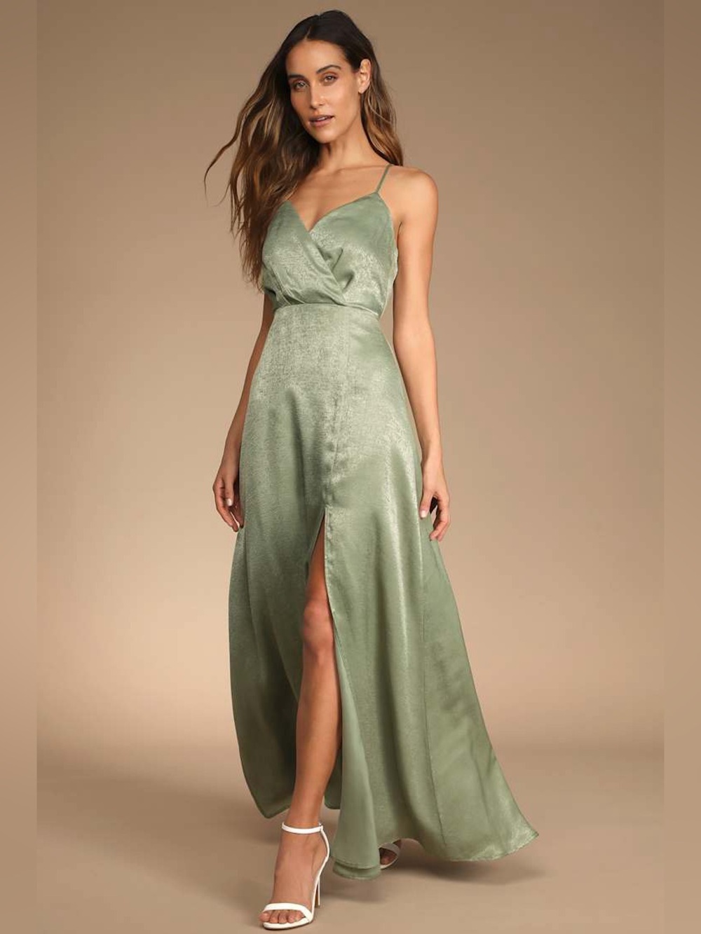 Lulu’s Constantine in Dusty Sage - Satin Slip Maxi Dress